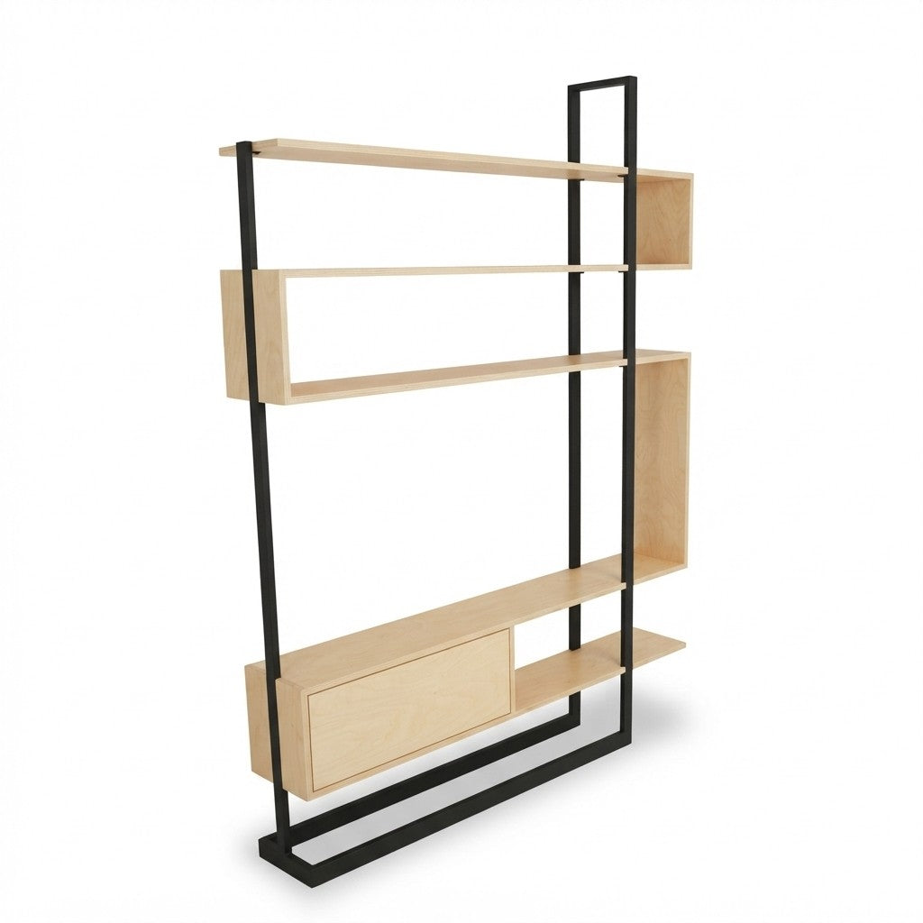 Estantería Emi con Puerta 160 cm Kallfü, repisas de madera MIMA en zigzag y estructura de metal negro