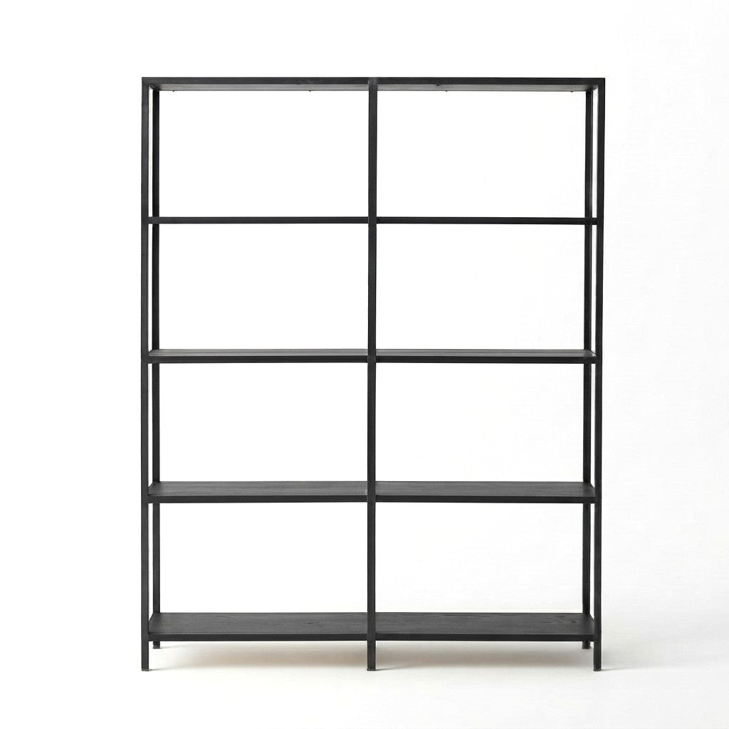 Estantería Industrial Doble 160 cm Kallfü con repisas de madera BLACK y estructura de metal negro, 160 x 40 x 185 cm