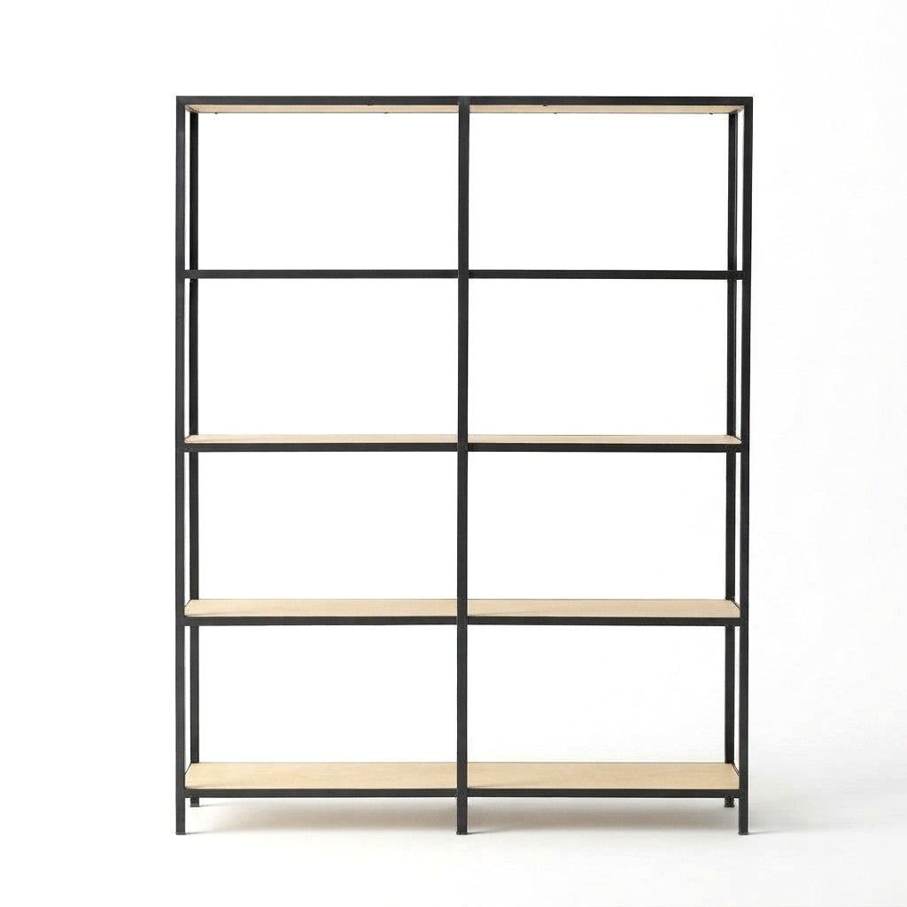 Estantería Industrial Doble 160 cm Kallfü con repisas de madera MIMA y estructura de metal negro, 160 x 40 x 185 cm