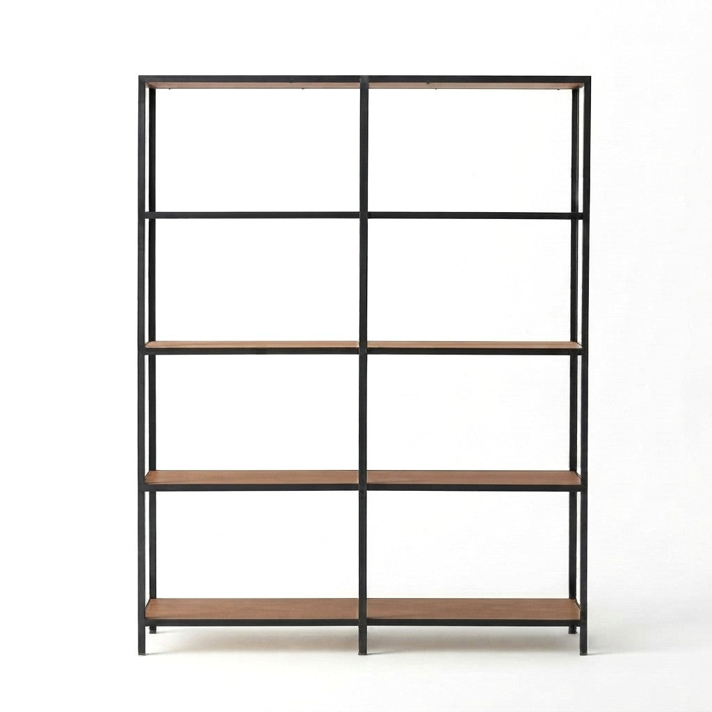 Estantería Industrial Doble 160 cm Kallfü con repisas de madera TOFFEE y estructura de metal negro, 160 x 40 x 185 cm