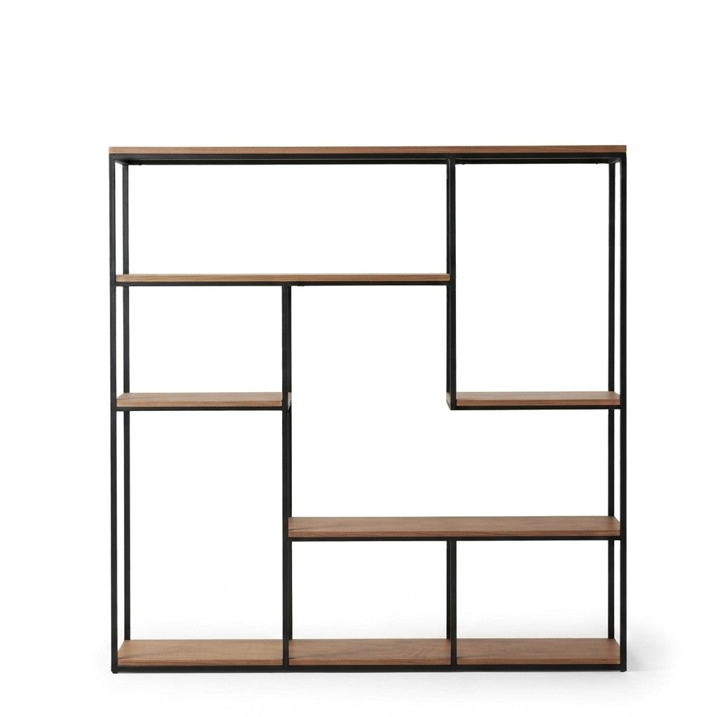 Estantería Industrial con Nichos 200 cm Kallfü en madera TOFFEE con estructura de metal negro, 200 x 40 x 185 cm