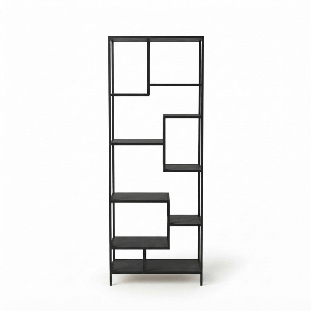 Estantería Industrial Escalonada 75 cm Kallfü con repisas de madera BLACK alternadas y marco de metal negro, 185 cm de alto