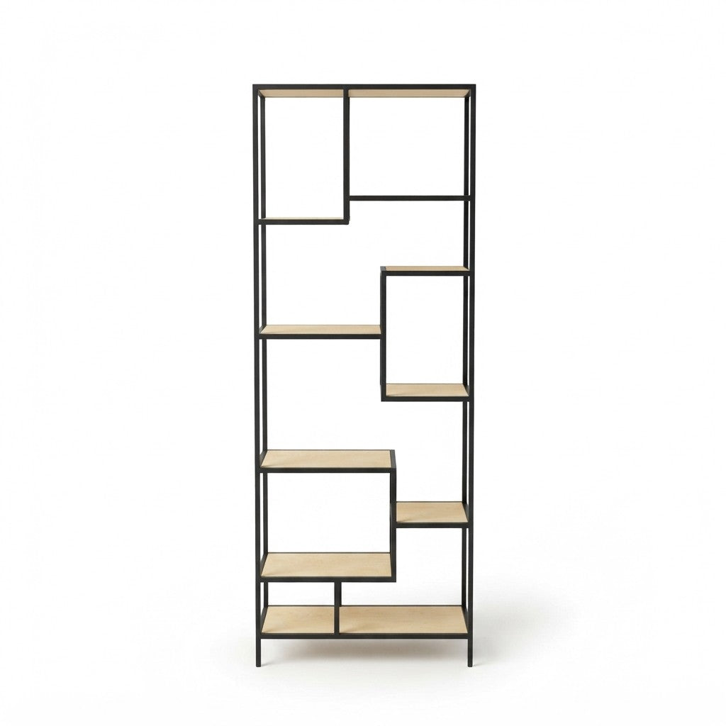 Estantería Industrial Escalonada 75 cm Kallfü con repisas de madera MIMA alternadas y marco de metal negro, 185 cm de alto