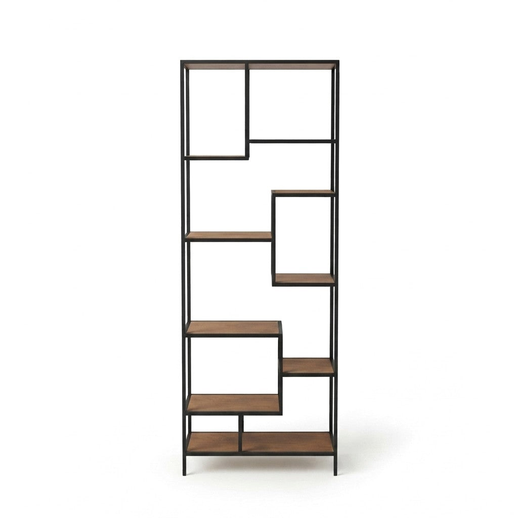 Estantería Industrial Escalonada 75 cm Kallfü con repisas de madera TOFFEE alternadas y marco de metal negro, 185 cm de alto