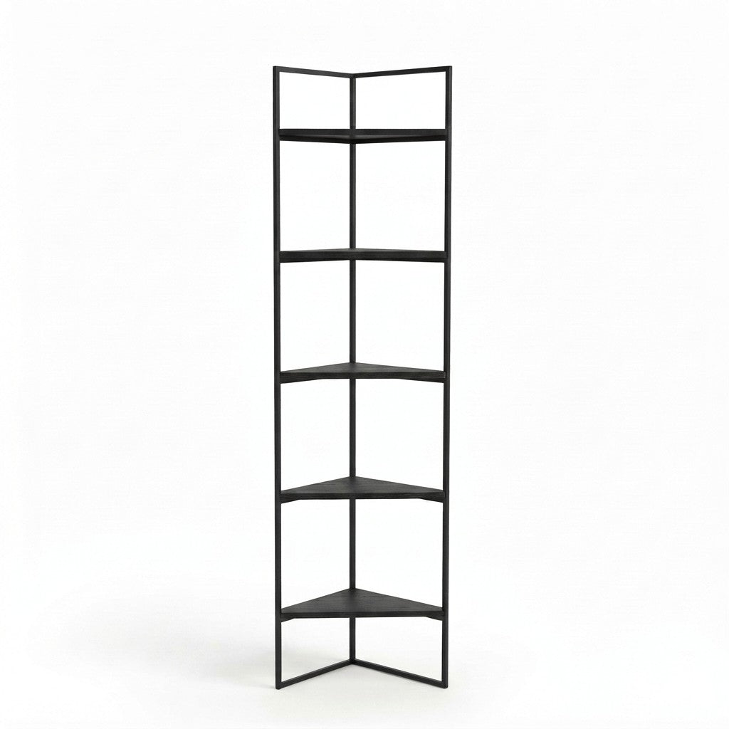 Estantería Industrial Esquinera 55 cm Kallfü con cinco repisas triangulares de madera BLACK y metal negro, 185 cm