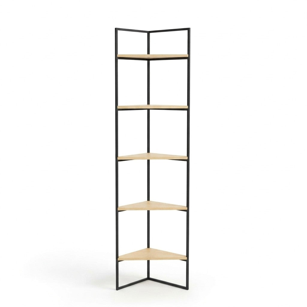 Estantería Industrial Esquinera 55 cm Kallfü con cinco repisas triangulares de madera MIMA y metal negro, 185 cm