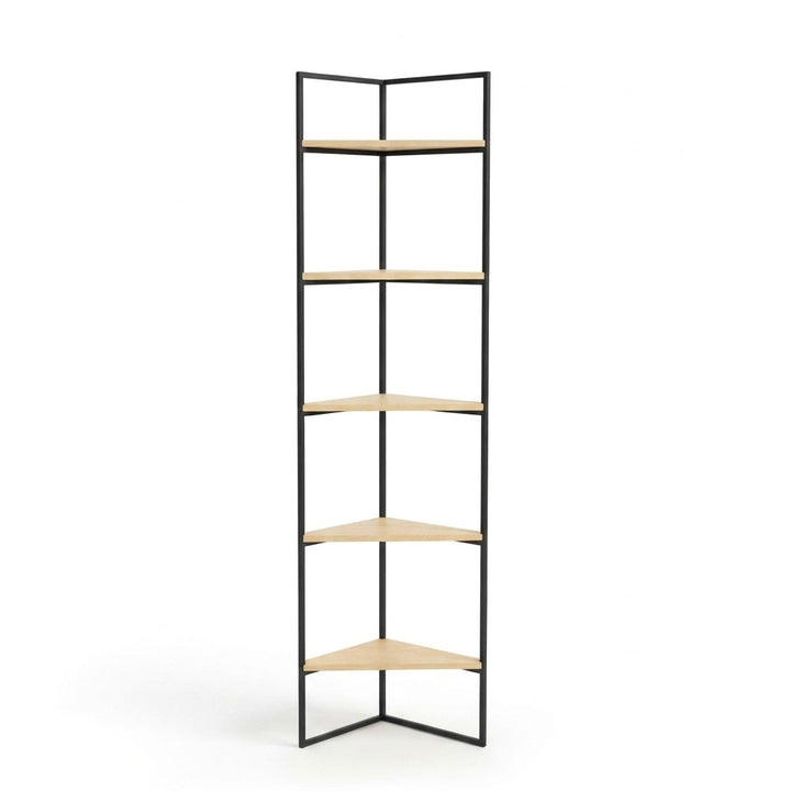 Estantería Industrial Esquinera 55 cm Kallfü con cinco repisas triangulares de madera MIMA y metal negro, 185 cm