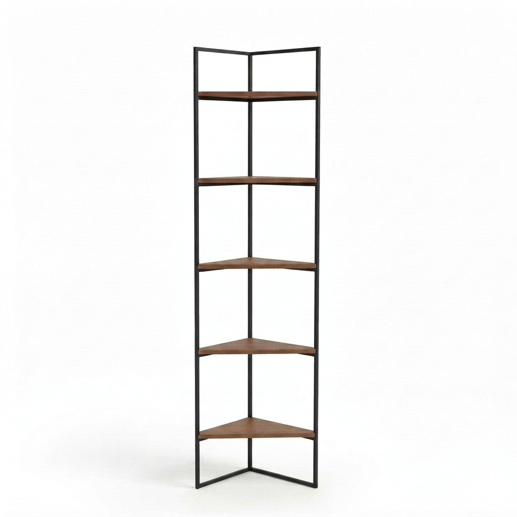 Estantería Industrial Esquinera 55 cm Kallfü con cinco repisas triangulares de madera TOFFEE y metal negro, 185 cm