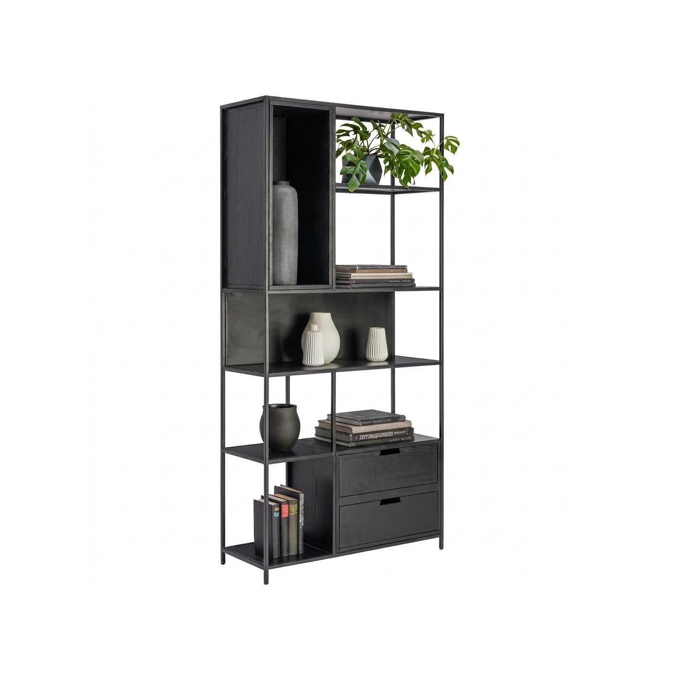 Estantería Landscape 185 Kallfü con cajones de madera BLACK y estructura de metal negro, 90x34x185 cm — vista tres cuartos