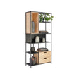 Estantería Landscape 185 Kallfü con cajones de madera MIMA y estructura de metal negro, 90x34x185 cm — vista tres cuartos
