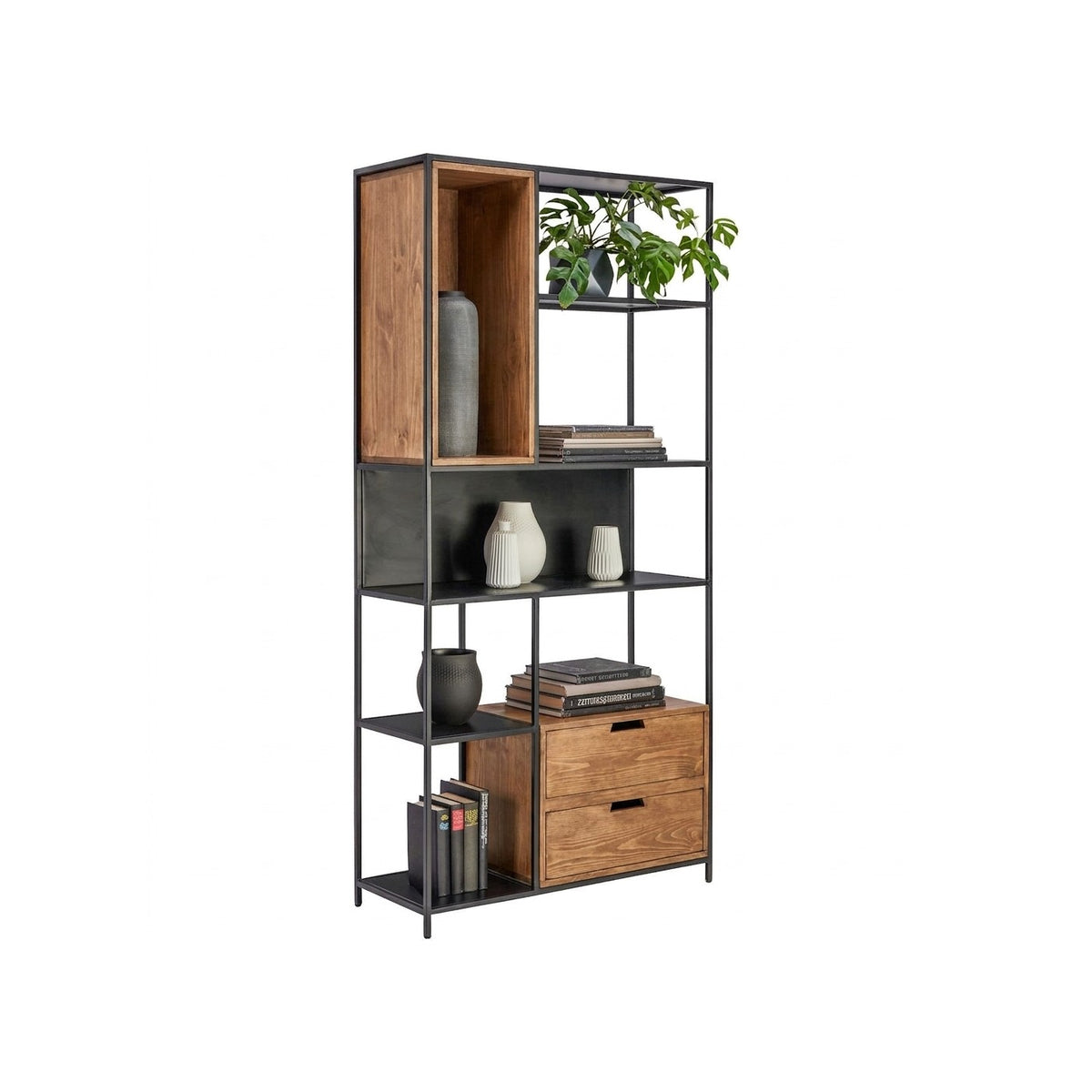 Estantería Landscape 185 Kallfü con cajones de madera TOFFEE y estructura de metal negro, 90x34x185 cm — vista tres cuartos