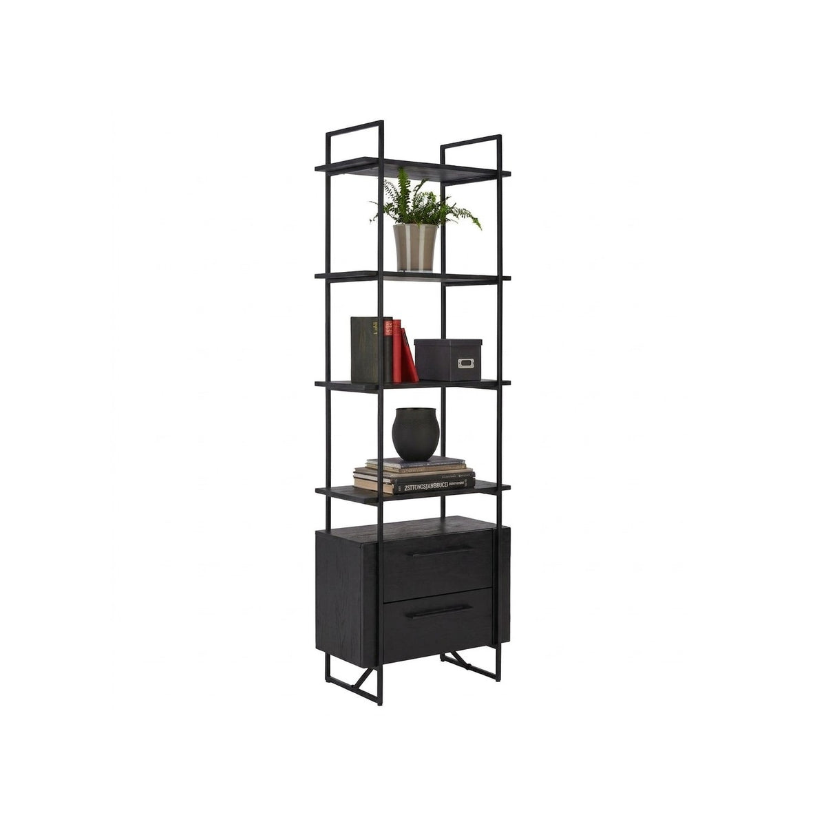 Estantería Landscape 60 Kallfü con cuatro repisas de madera BLACK, dos cajones y marco de metal negro