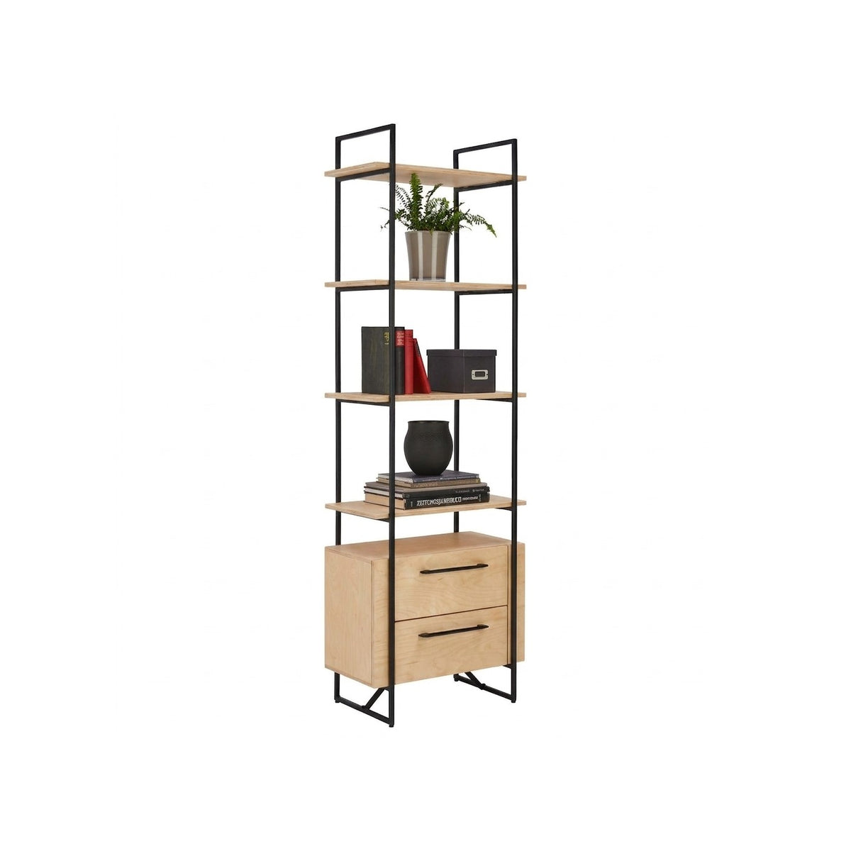 Estantería Landscape 60 Kallfü con cuatro repisas de madera MIMA, dos cajones y marco de metal negro
