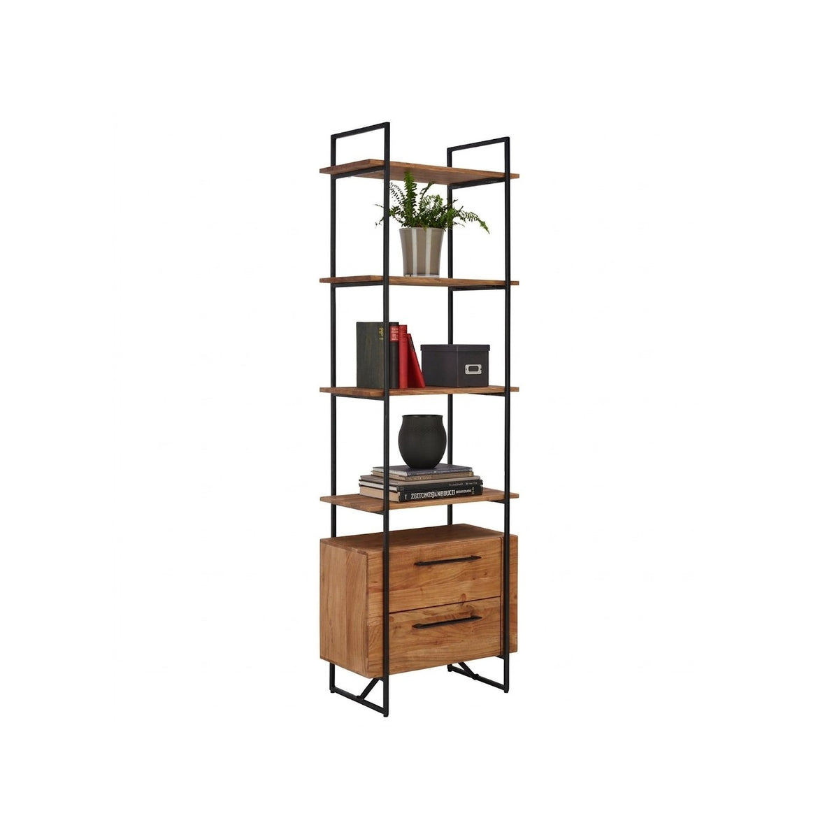 Estantería Landscape 60 Kallfü con cuatro repisas de madera TOFFEE, dos cajones y marco de metal negro