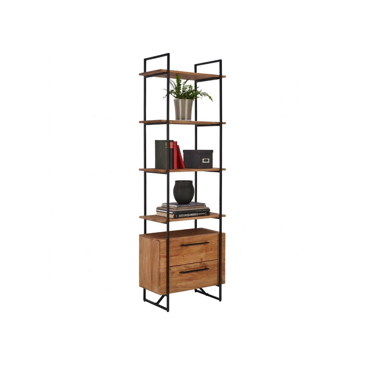 Estantería Landscape 60 Kallfü con cuatro repisas de madera TOFFEE, dos cajones y marco de metal negro