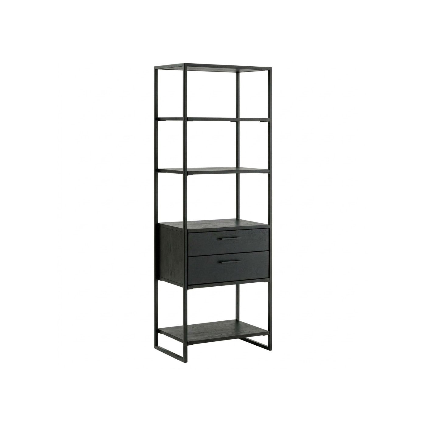 Estantería Natura 60 Kallfü en madera BLACK con módulo de dos cajones al centro y marco de metal negro