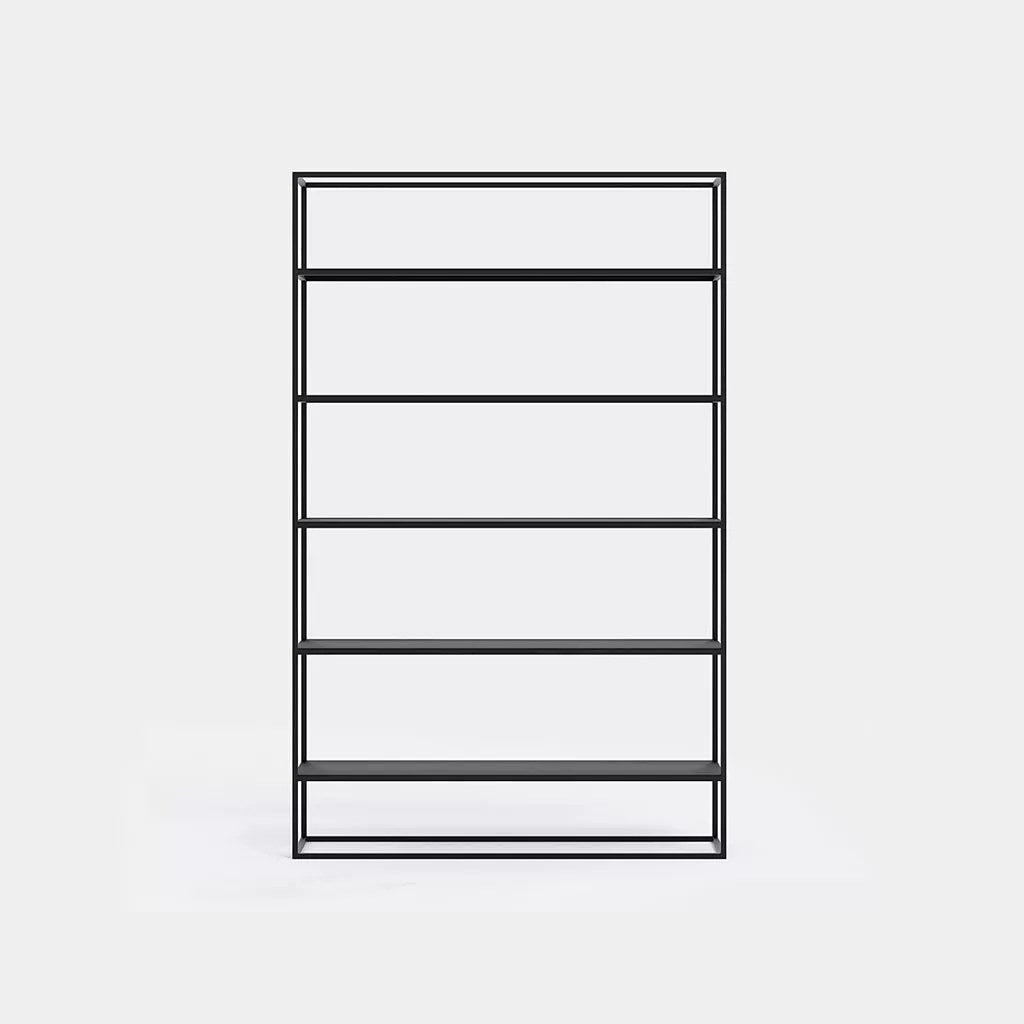 Estantería Simplex Kallfü metal negro, vista frontal de los seis niveles, 120 cm de ancho