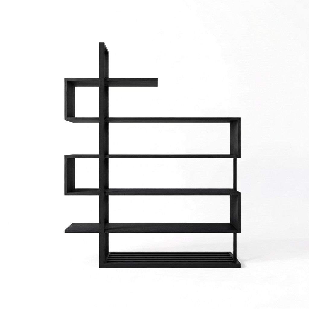 Estantería Waz 160 cm Kallfü en zigzag, repisas de madera BLACK y postes de metal negro con base para leña