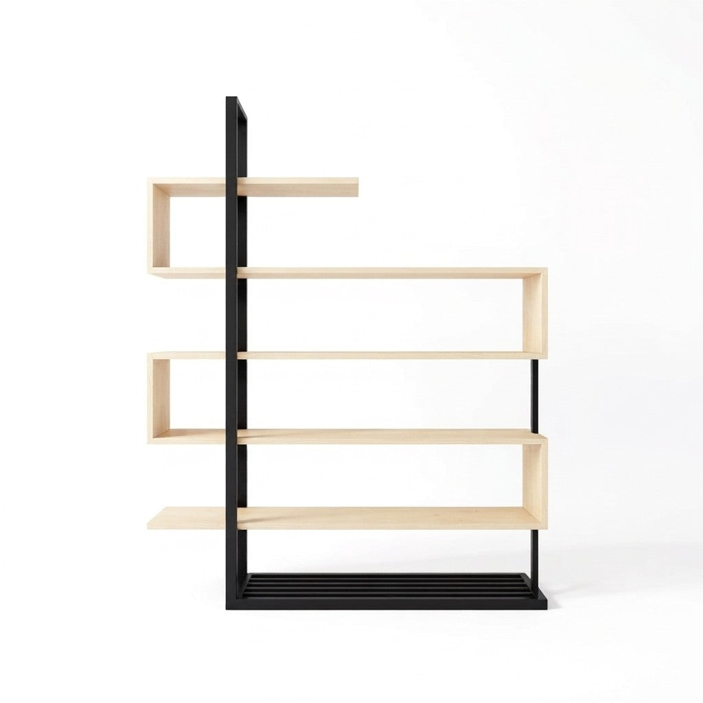 Estantería Waz 160 cm Kallfü en zigzag, repisas de madera MIMA y postes de metal negro con base para leña