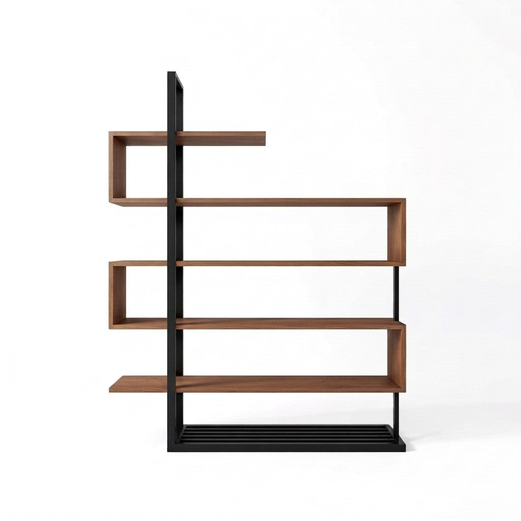 Estantería Waz 160 cm Kallfü en zigzag, repisas de madera TOFFEE y postes de metal negro con base para leña