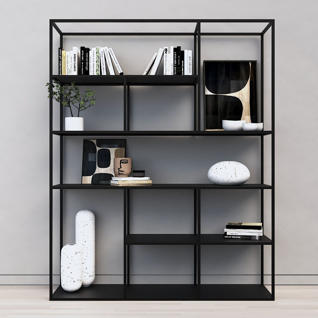 Librero Alis Kallfü metal negro, 160x35x180 cm — vista frontal con compartimentos