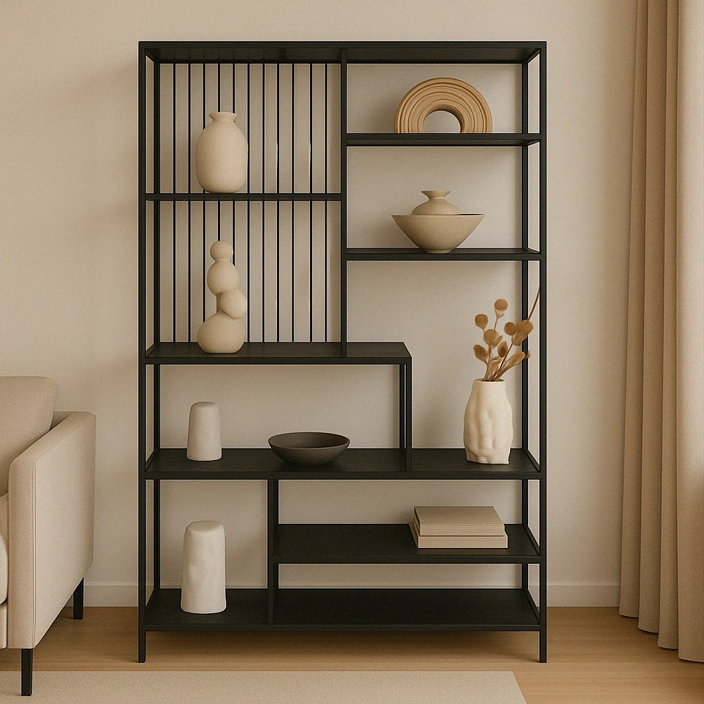 Librero Nol Kallfü metal negro, 160x35x180 cm — vista 3/4 con repisas escalonadas