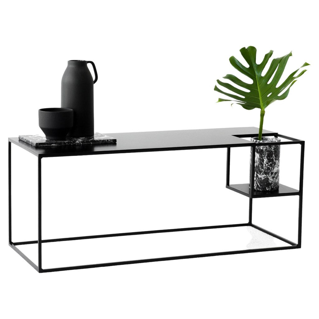Mesa consola Object 007 Kallfü en acero negro con nicho y macetero — vista principal