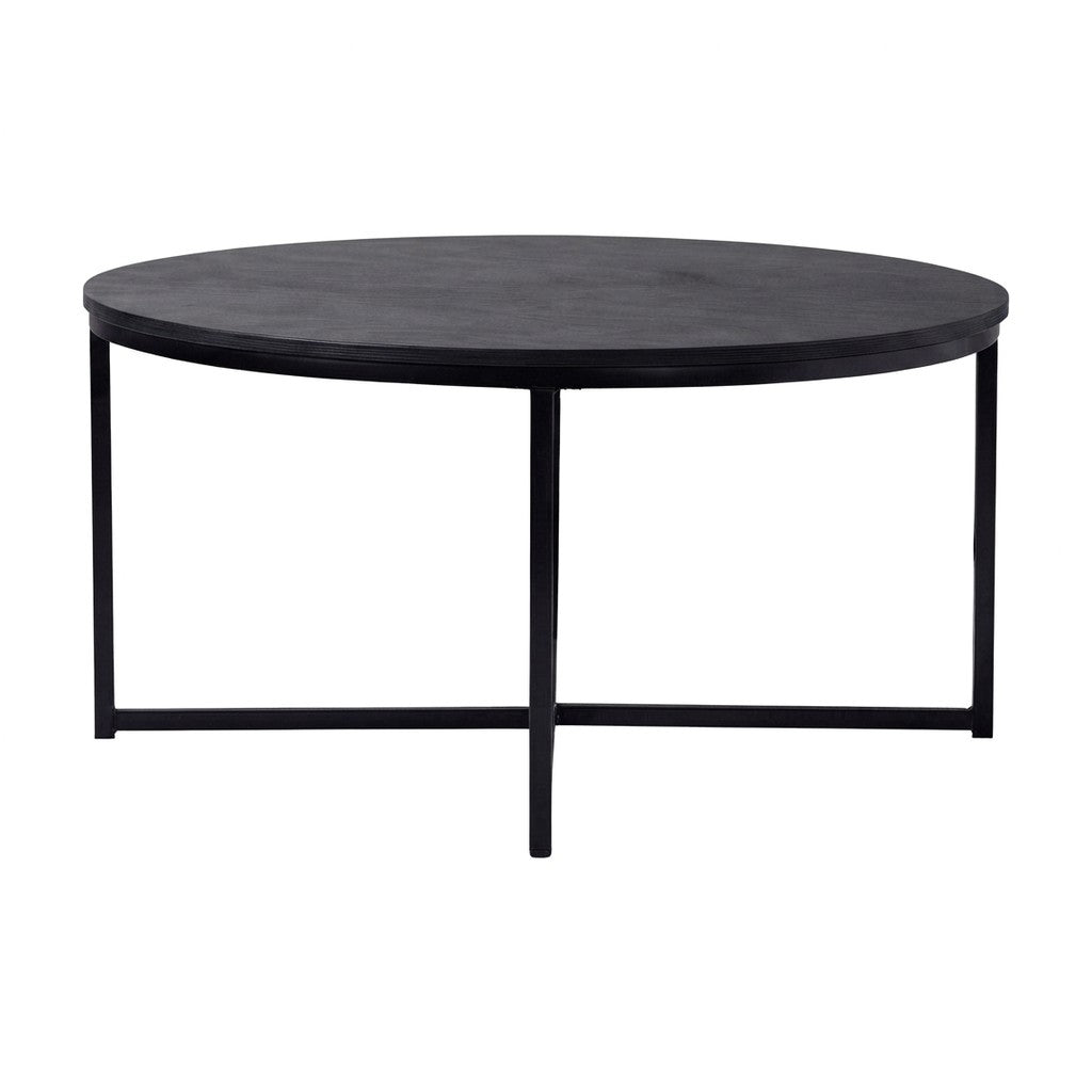 Mesa de Centro Redon Redonda 70 cm Kallfü con cubierta de madera BLACK y base de metal negro con travesaños en cruz