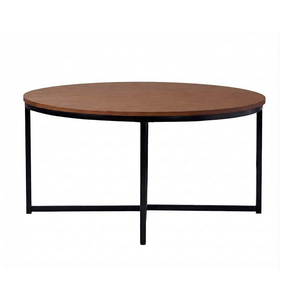Mesa de Centro Redon Redonda 70 cm Kallfü con cubierta de madera TOFFEE y base de metal negro con travesaños en cruz