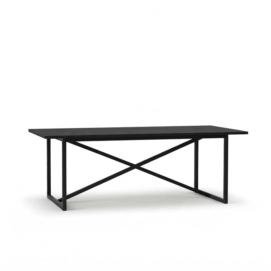 Mesa de Comedor Industrial 220 cm Kallfü con cubierta de madera BLACK y base de metal negro cruzada en X