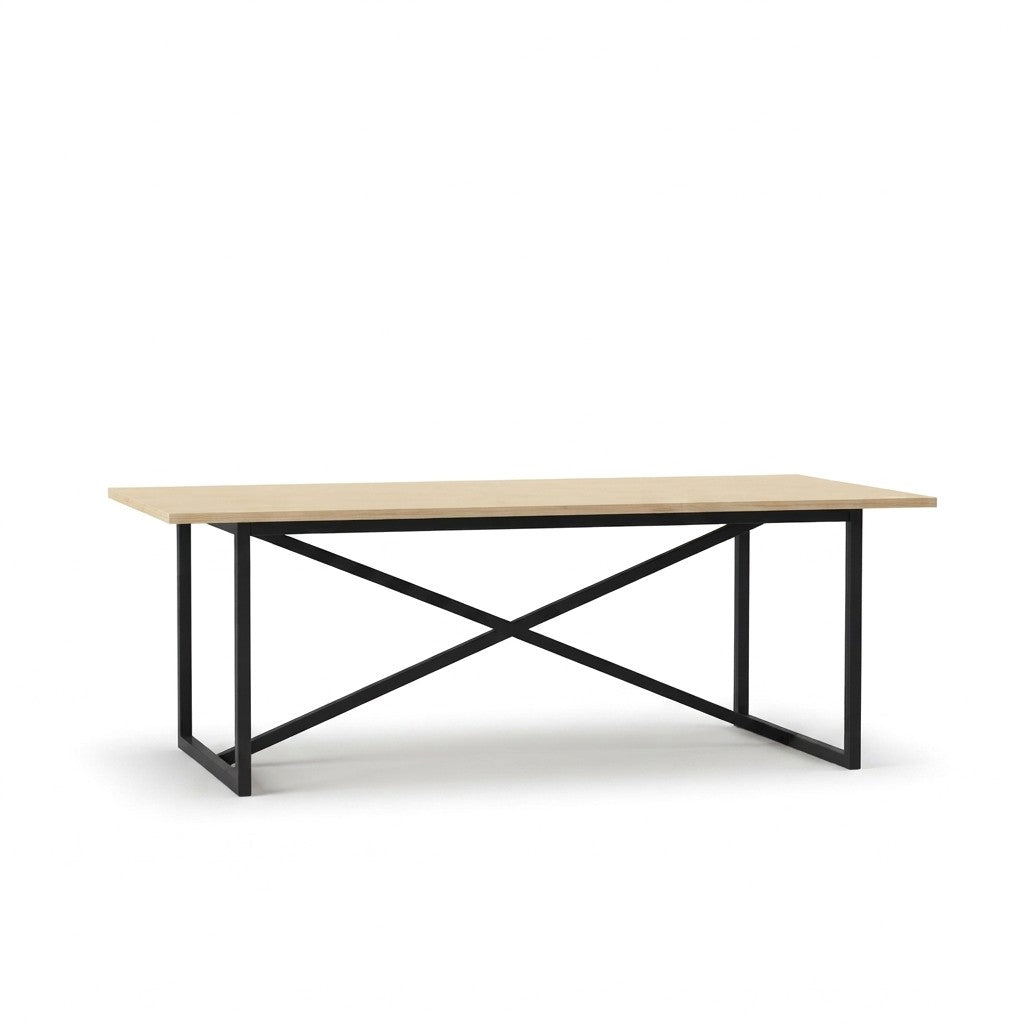 Mesa de Comedor Industrial 220 cm Kallfü con cubierta de madera MIMA y base de metal negro cruzada en X