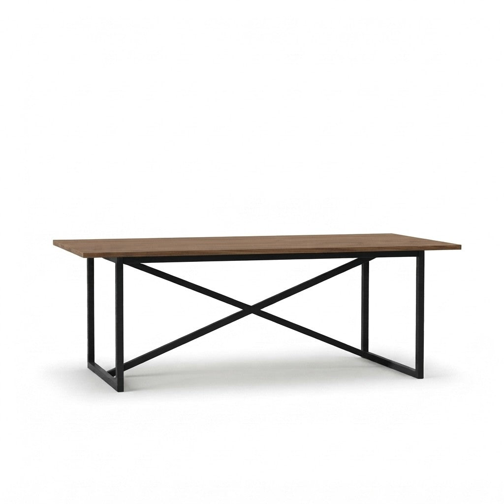 Mesa de Comedor Industrial 220 cm Kallfü con cubierta de madera TOFFEE y base de metal negro cruzada en X