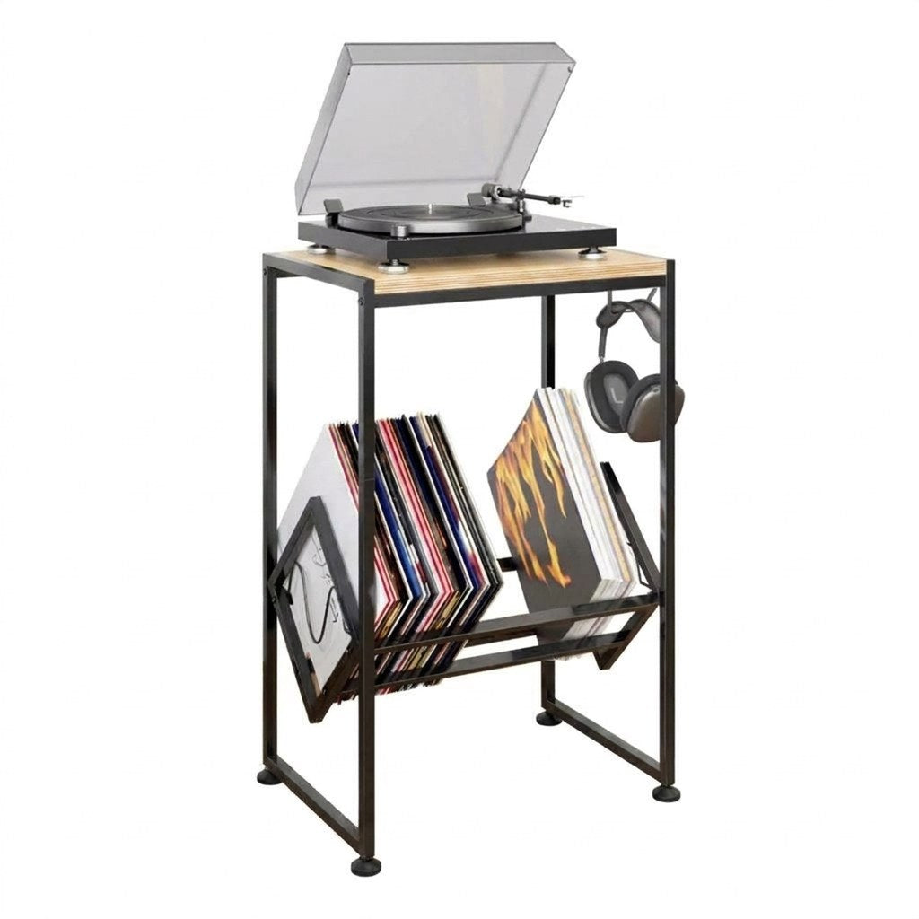 Mesa Tocadiscos Rondo Kallfü 45 cm metal negro, tono MIMA, 45x32x66 cm — vista 3/4