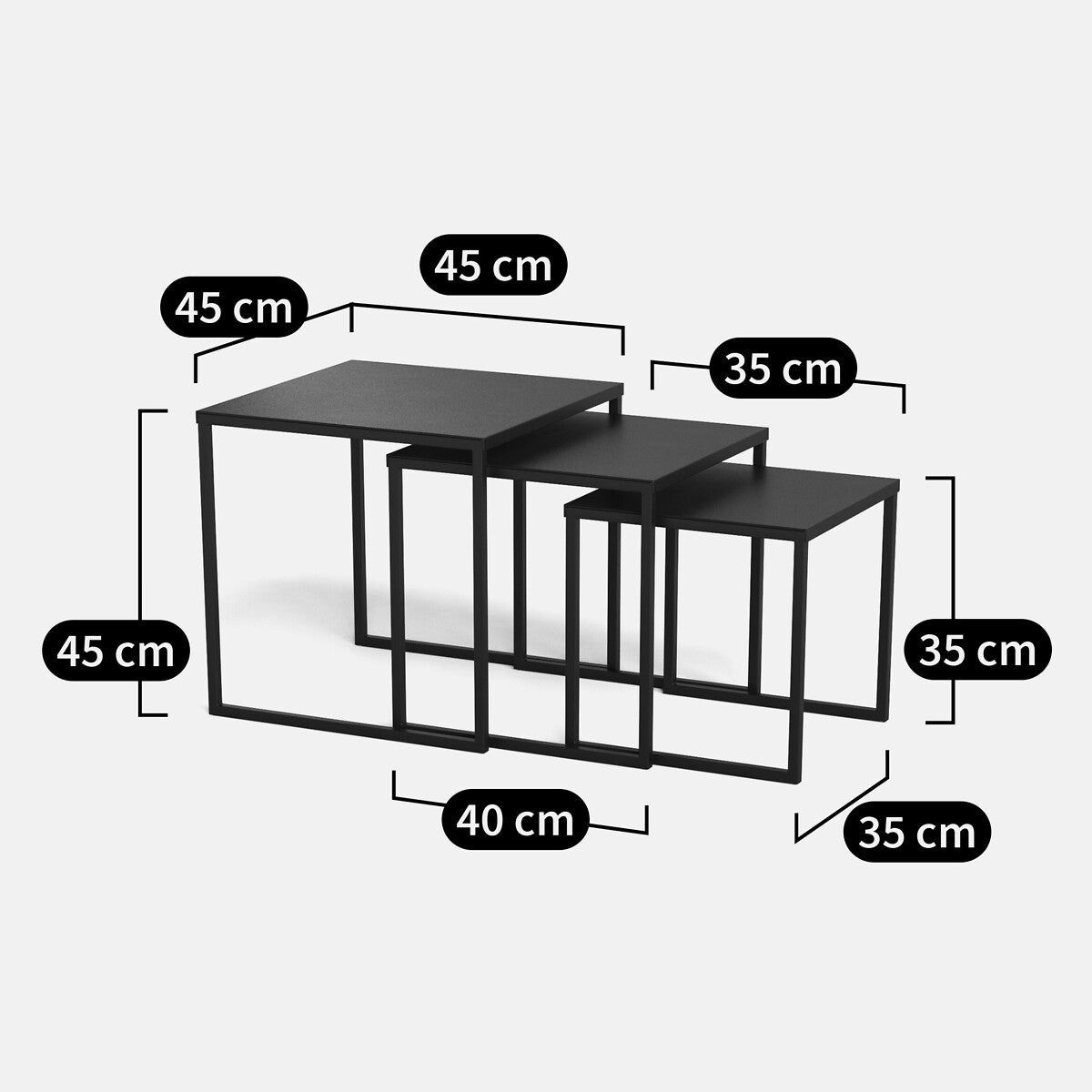 Set Mesas Nido Miva Kallfü metal negro — medidas 45, 40 y 35 cm del juego de 3 mesas