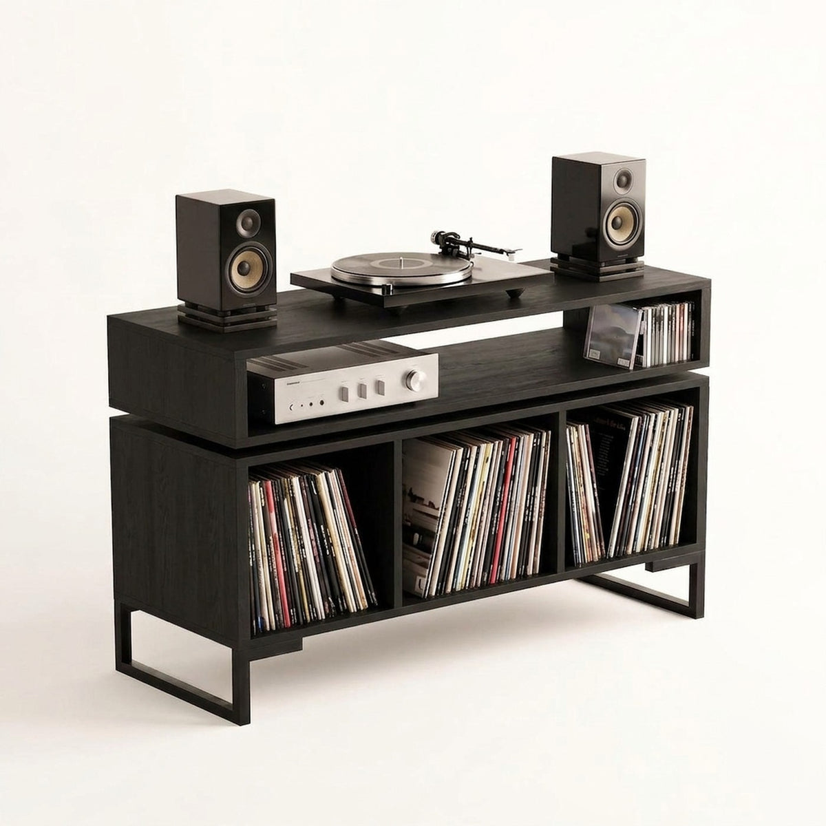 Mueble Vinilos Float 120 Kallfü en madera BLACK con repisa para amplificador y patas de metal negro