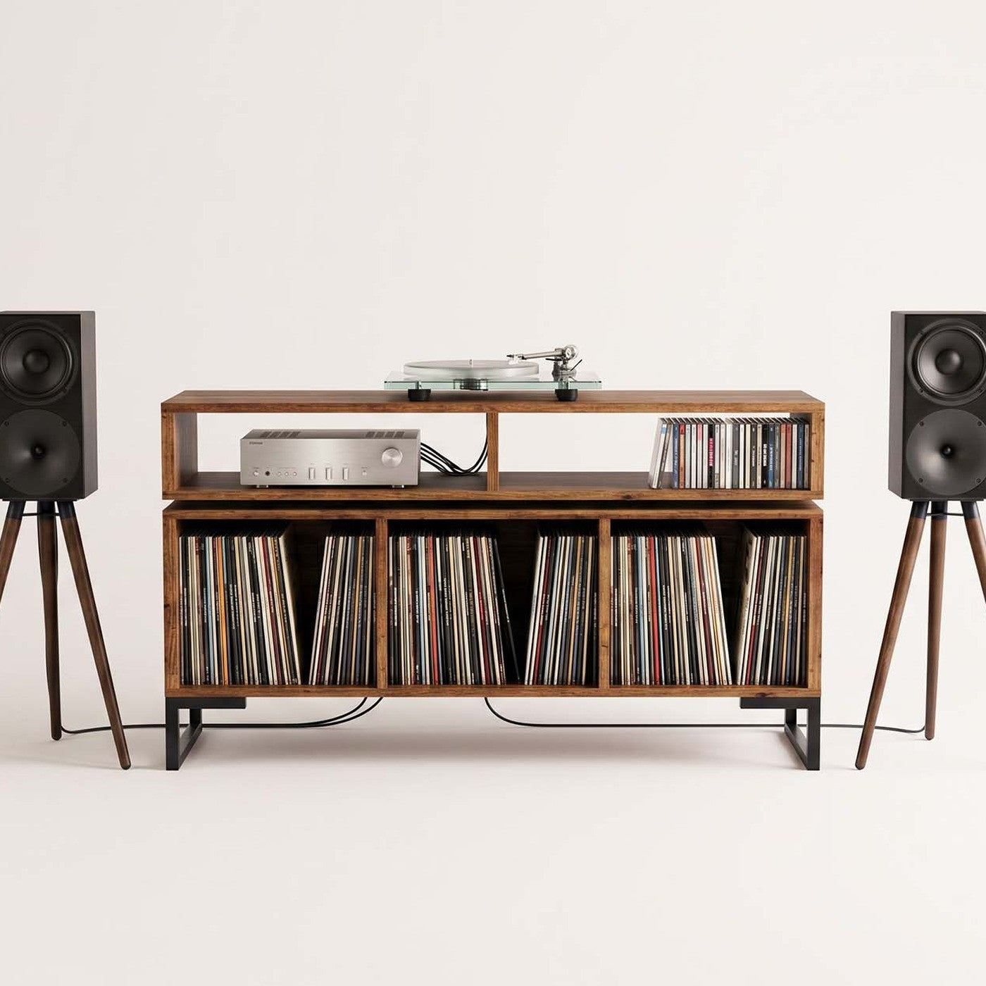 Mueble Vinilos Float 120 Kallfü de frente: tres compartimentos de discos y repisa suspendida del equipo