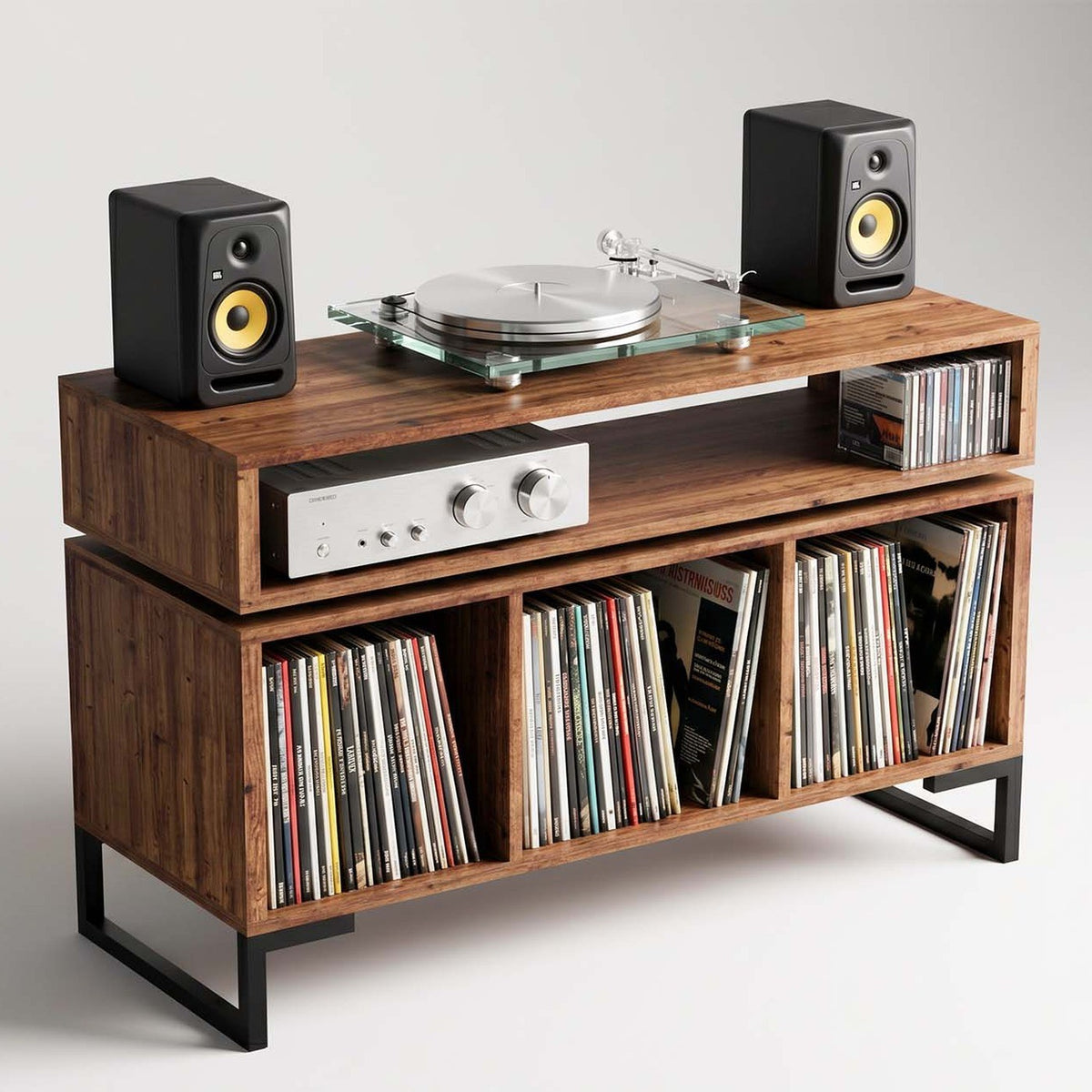 Mueble Vinilos Float 120 Kallfü en tres cuartos, con la tornamesa arriba y los discos en los tres módulos