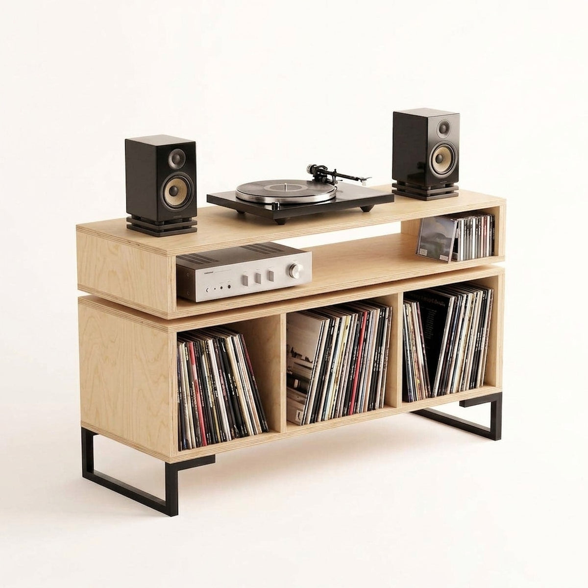 Mueble Vinilos Float 120 Kallfü en madera MIMA con repisa para amplificador y patas de metal negro