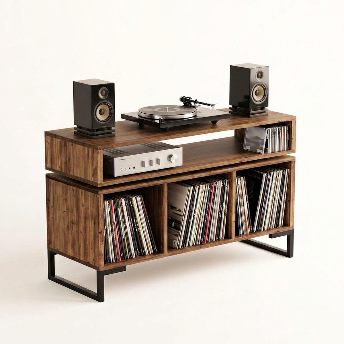 Mueble Vinilos Float 120 Kallfü en madera TOFFEE con repisa para amplificador y patas de metal negro