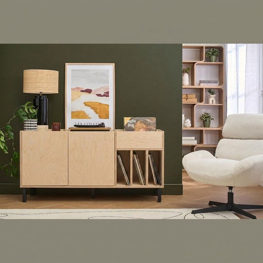 Mueble Vinilos Seda Kallfü 140 cm tono MIMA, 140x45x70 cm — en el living