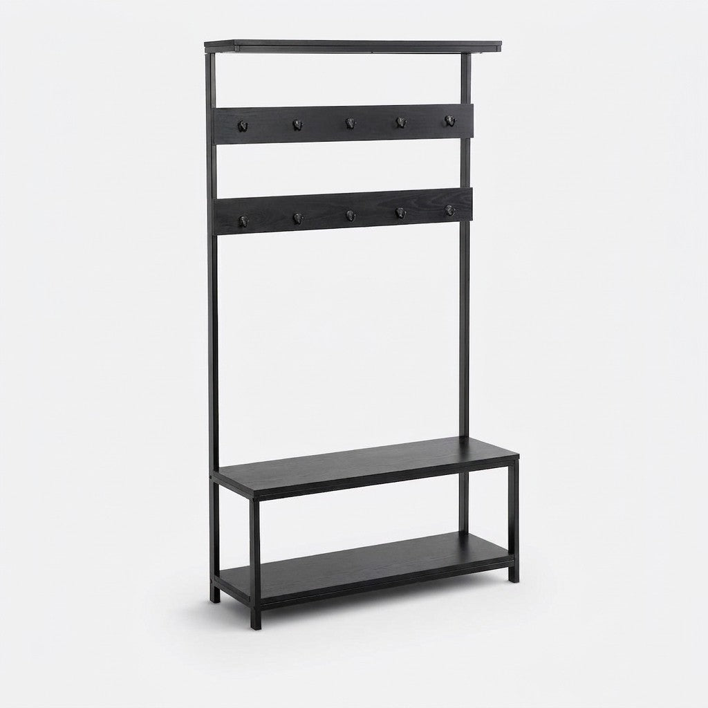 Perchero Recibidor 100 con banca Kallfü, metal negro y madera BLACK, 100x35x180 cm — vista tres cuartos