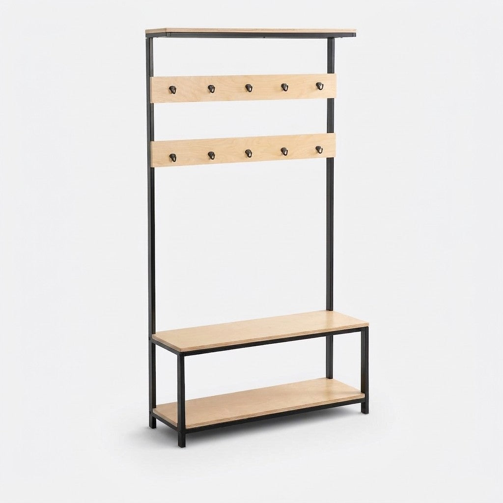 Perchero Recibidor 100 con banca Kallfü, metal negro y madera MIMA, 100x35x180 cm — vista tres cuartos