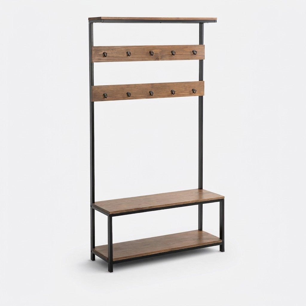 Perchero Recibidor 100 con banca Kallfü, metal negro y madera TOFFEE, 100x35x180 cm — vista tres cuartos