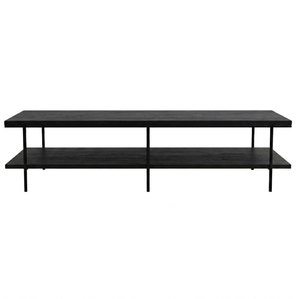 Rack TV Dema 150 cm Kallfü con cubierta y repisa de madera BLACK sobre estructura de metal negro de seis patas