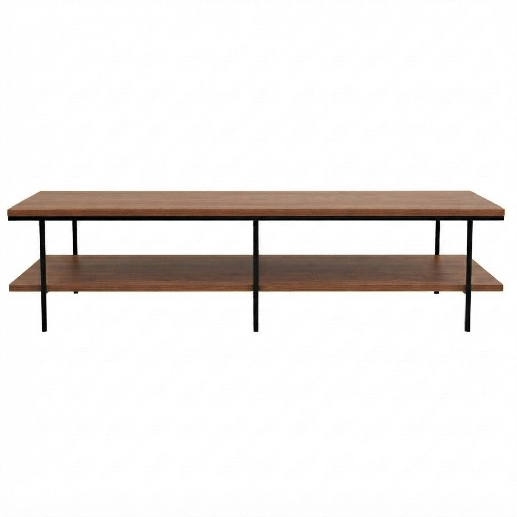 Rack TV Dema 150 cm Kallfü con cubierta y repisa de madera TOFFEE sobre estructura de metal negro de seis patas