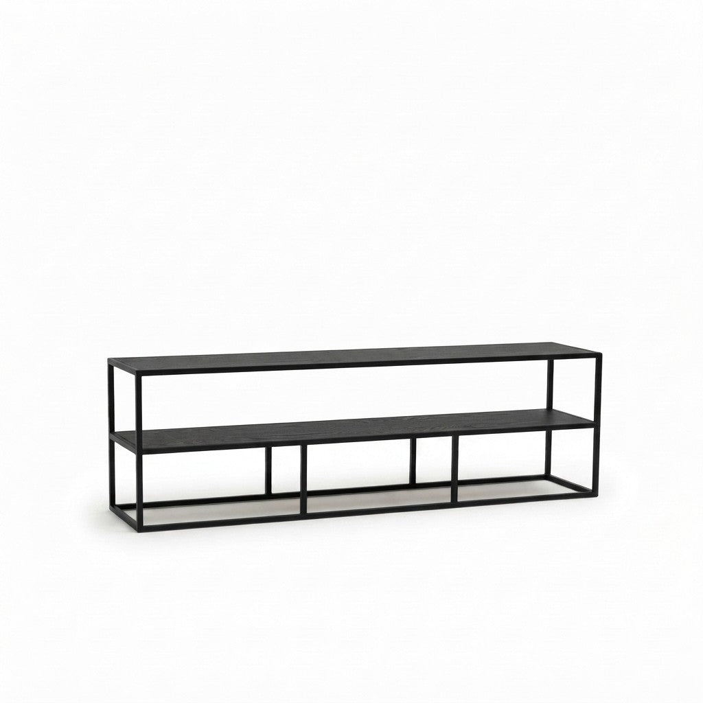 Rack TV Industrial 180 cm Kallfü con dos repisas de madera BLACK y estructura de metal negro, 180 x 38 x 55 cm