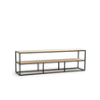 Rack TV Industrial 180 cm Kallfü con dos repisas de madera MIMA y estructura de metal negro, 180 x 38 x 55 cm