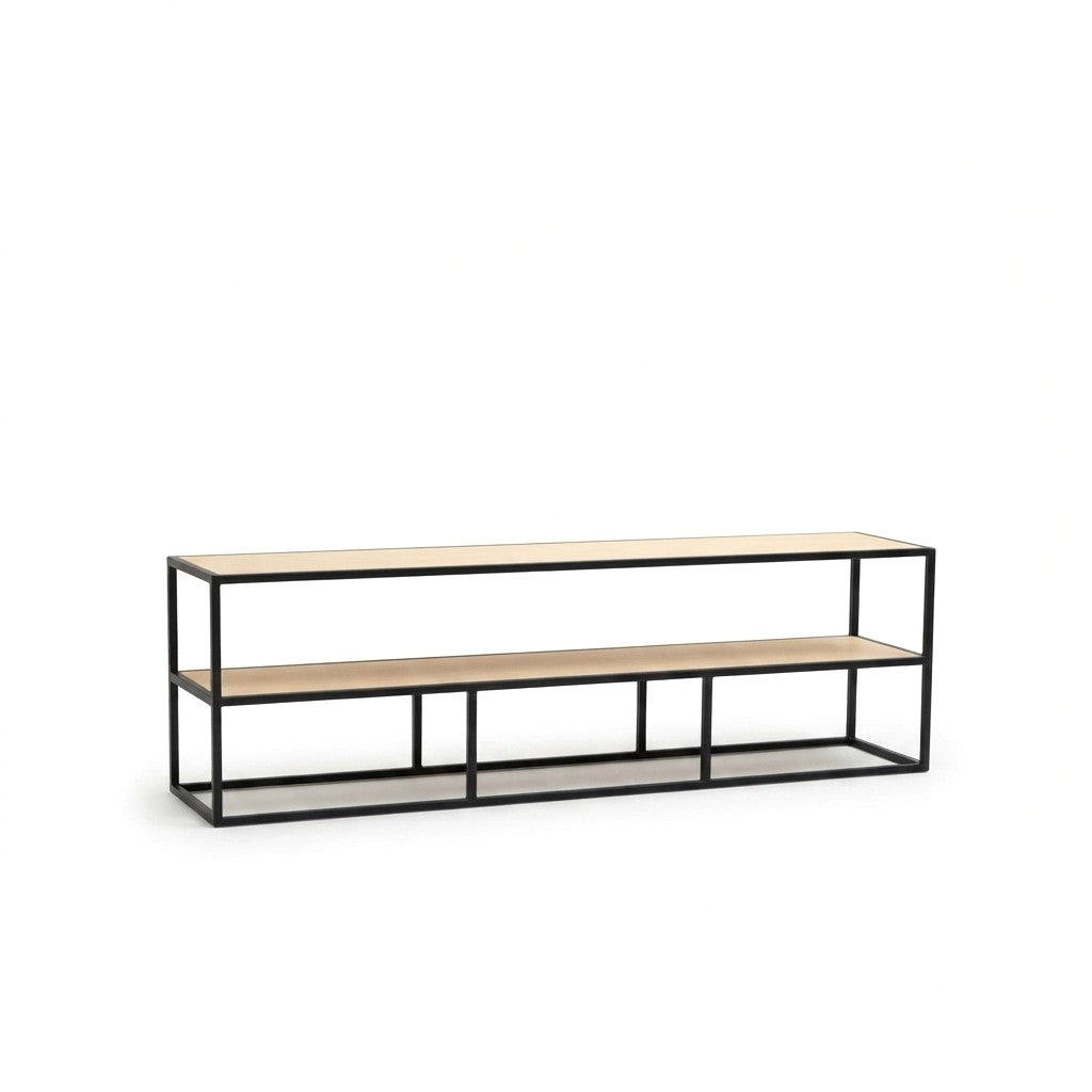 Rack TV Industrial 180 cm Kallfü con dos repisas de madera MIMA y estructura de metal negro, 180 x 38 x 55 cm