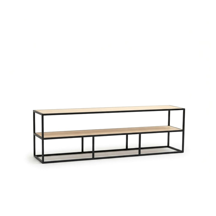 Rack TV Industrial 180 cm Kallfü con dos repisas de madera MIMA y estructura de metal negro, 180 x 38 x 55 cm