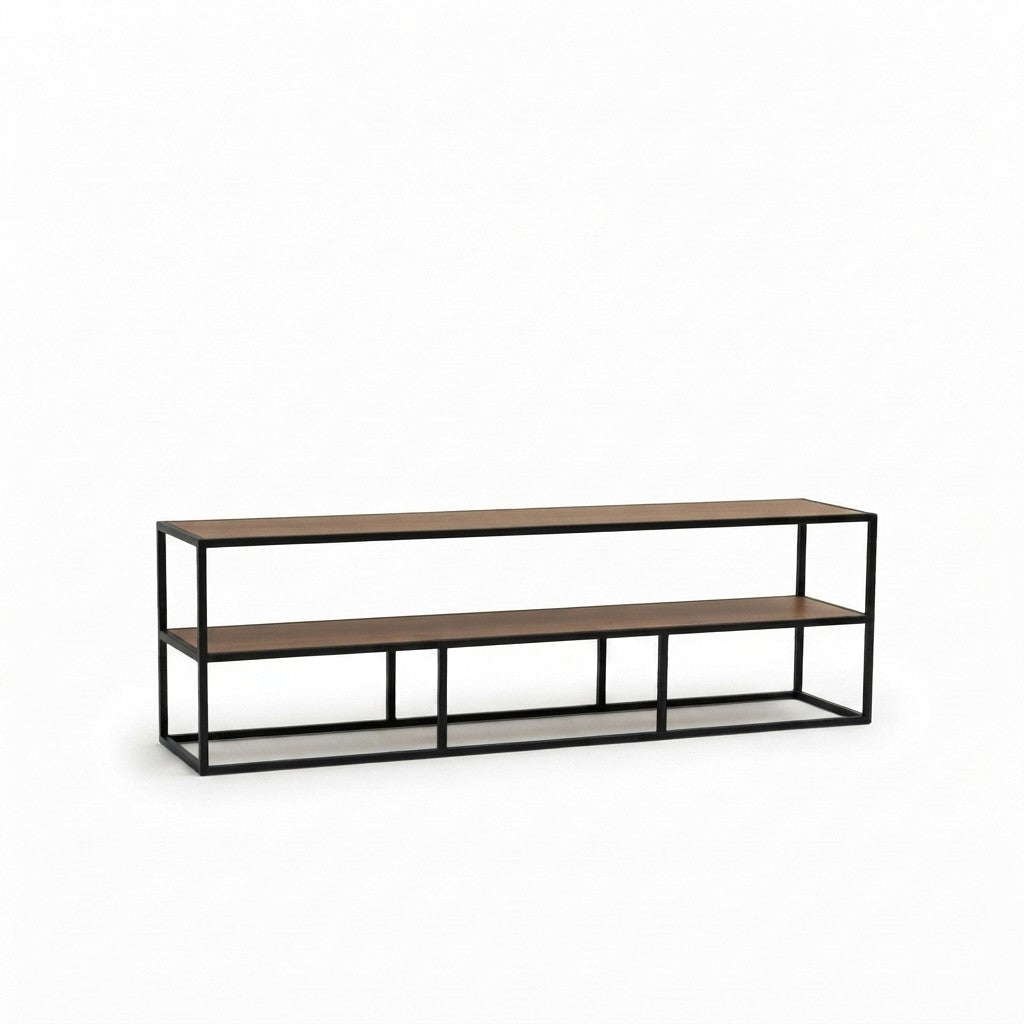 Rack TV Industrial 180 cm Kallfü con dos repisas de madera TOFFEE y estructura de metal negro, 180 x 38 x 55 cm